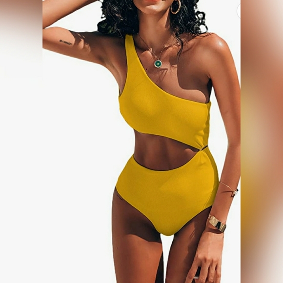 💚One Piece Swimsuit One Shoulder Cut Out High Wai - Picture 3 of 6
